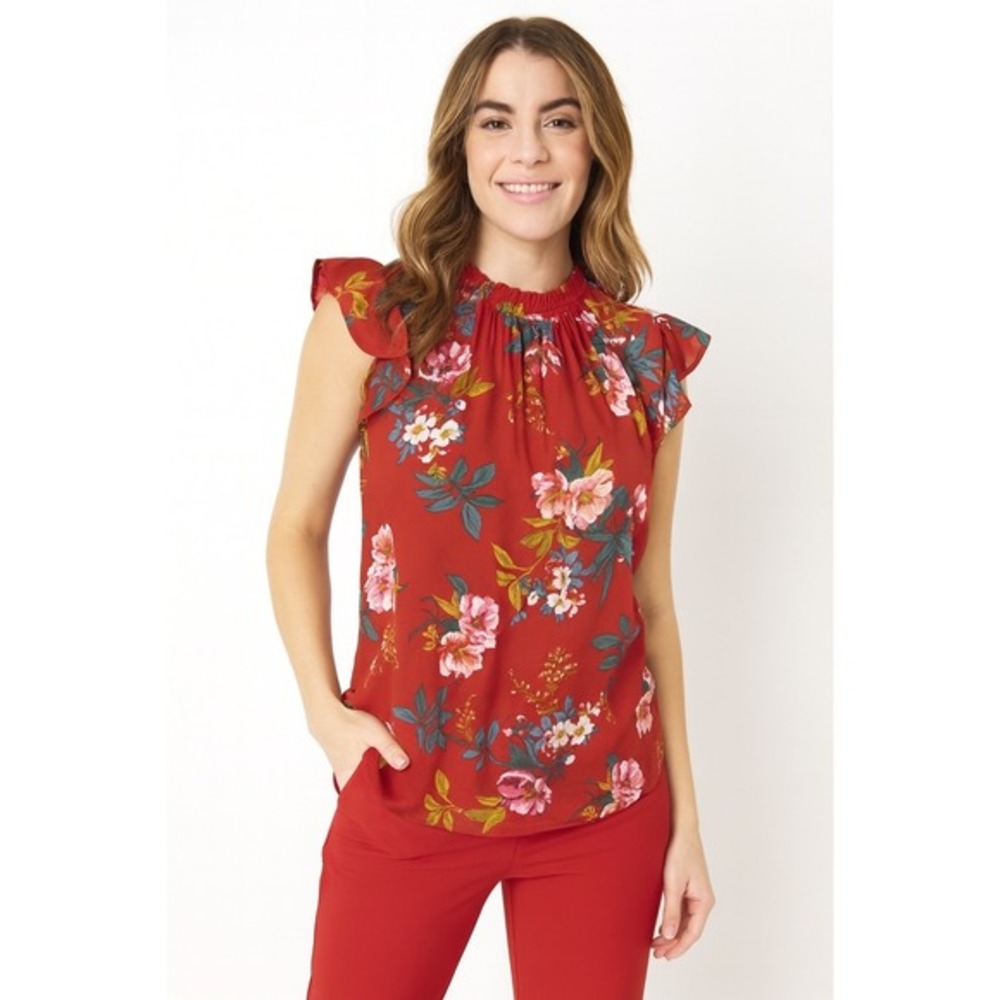 Loft Petites Red Floral Smocked‎ Neck Flutter Sleeve Blouse Top LP Preppy  56-02